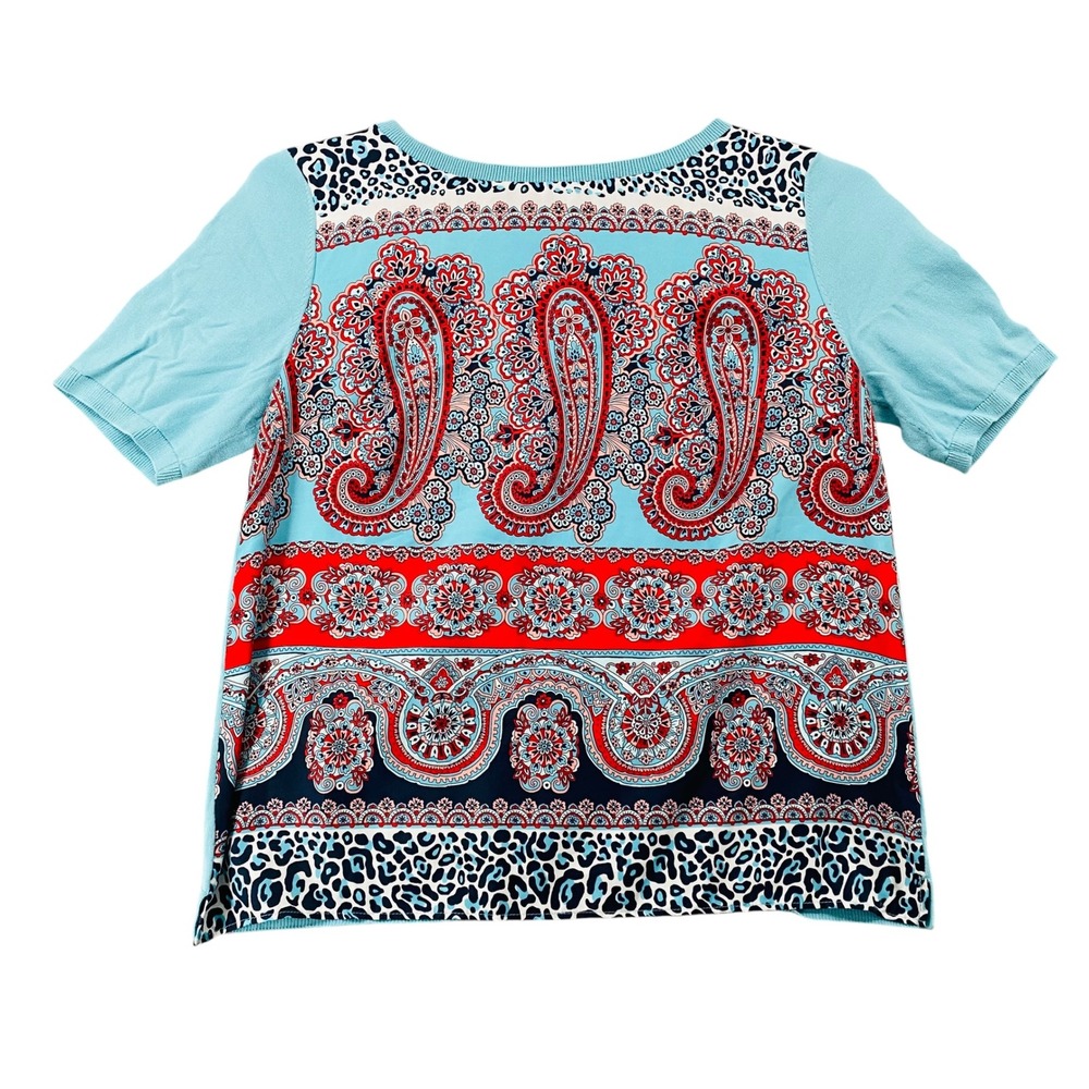Talbots Petites Turquoise Paisley Leopard Mixed Print Short Sleeve Sweater L